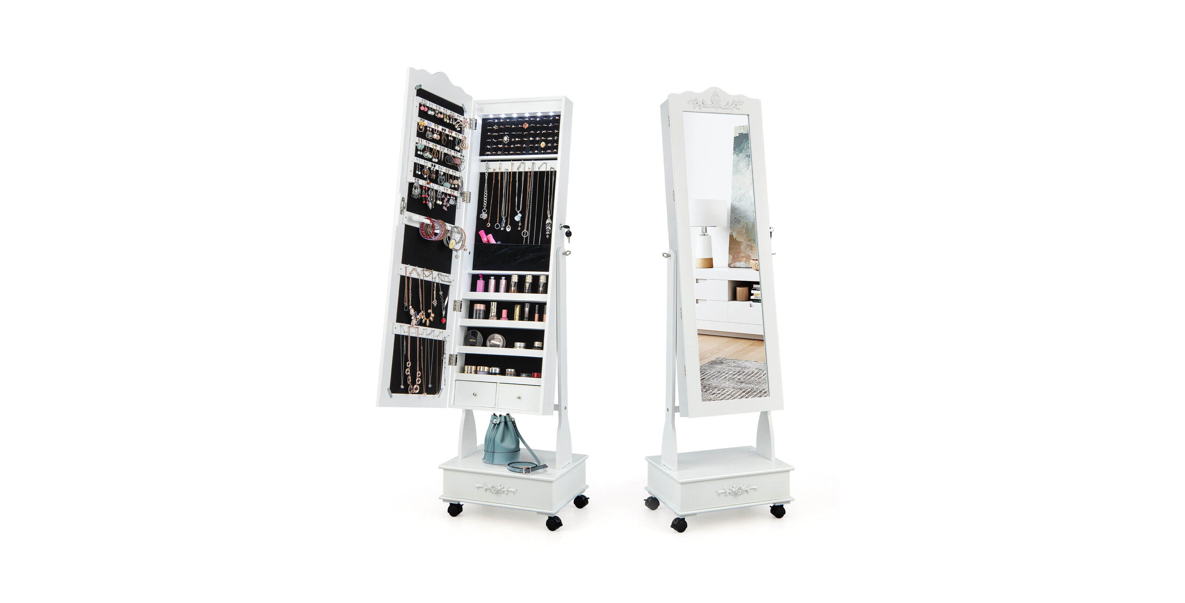 Mecale Rolling Floor Standing Mirrored Jewelry Armoire with Lock and Drawers