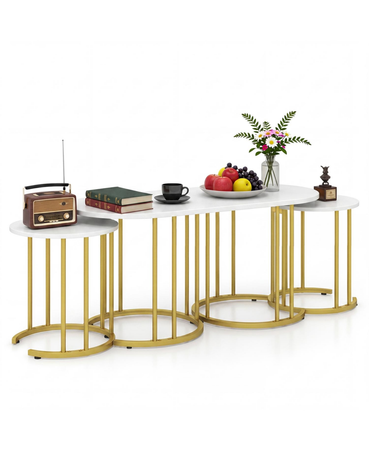 Mecale Nesting Coffee Table Set of 3 with Faux Marble Tabletop and Powder Coated - White