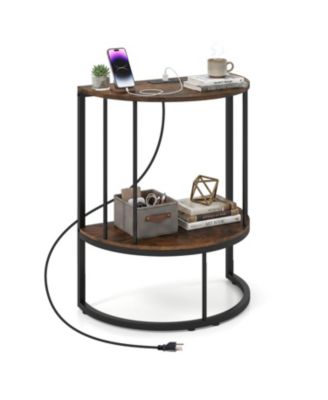 2 Tier Half Moon Console Table with Power Outlets and Storage Shel