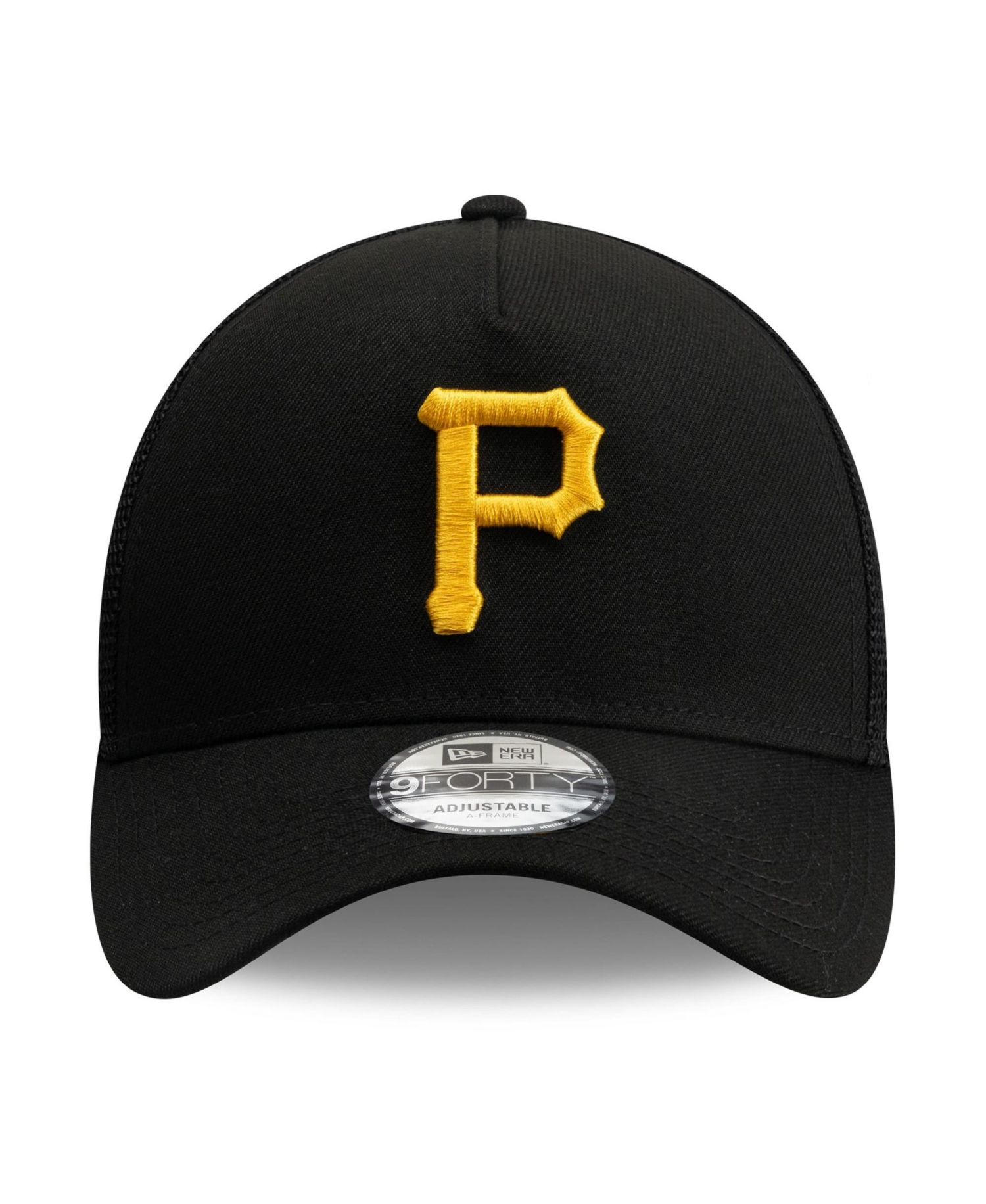 Men's Black Pittsburgh Pirates Side Script 9FORTY A-Frame Trucker Adjustable Hat