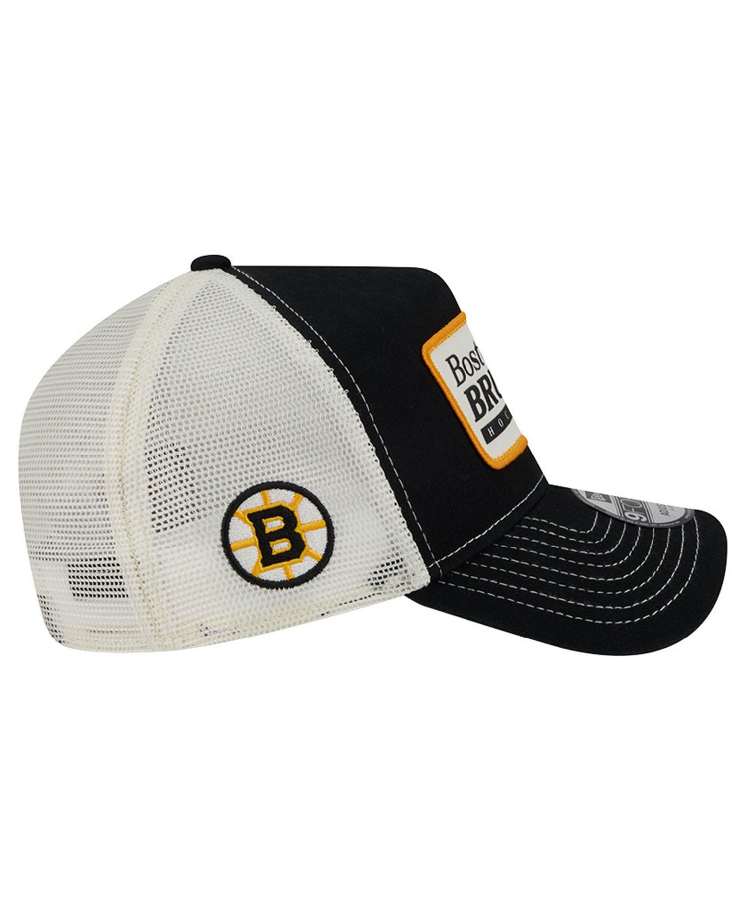 Men's Black/White Boston Bruins Skater Patch A-Frame 9FORTY Adjustable Trucker Hat
