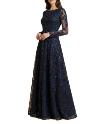 Women's Illusion Neck, Long Bell Sleeve Gown