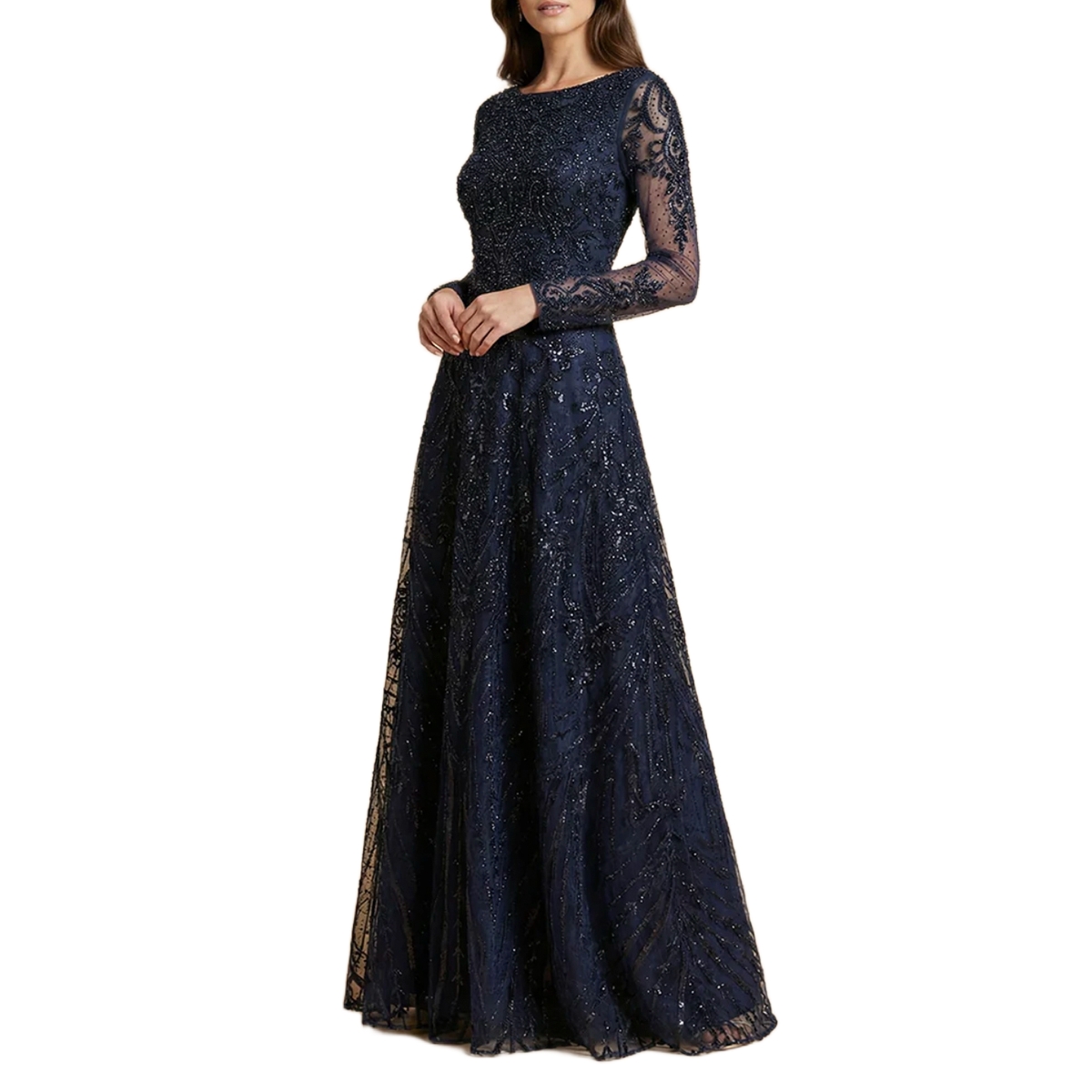 Lara Women's Illusion Neck, Long Bell Sleeve Gown - Navy