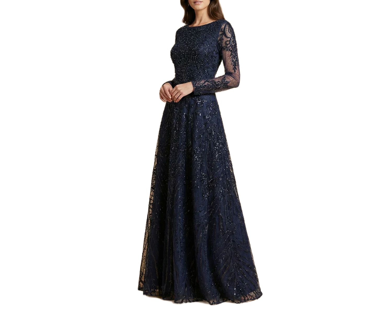Women's Illusion Neck, Long Bell Sleeve Gown