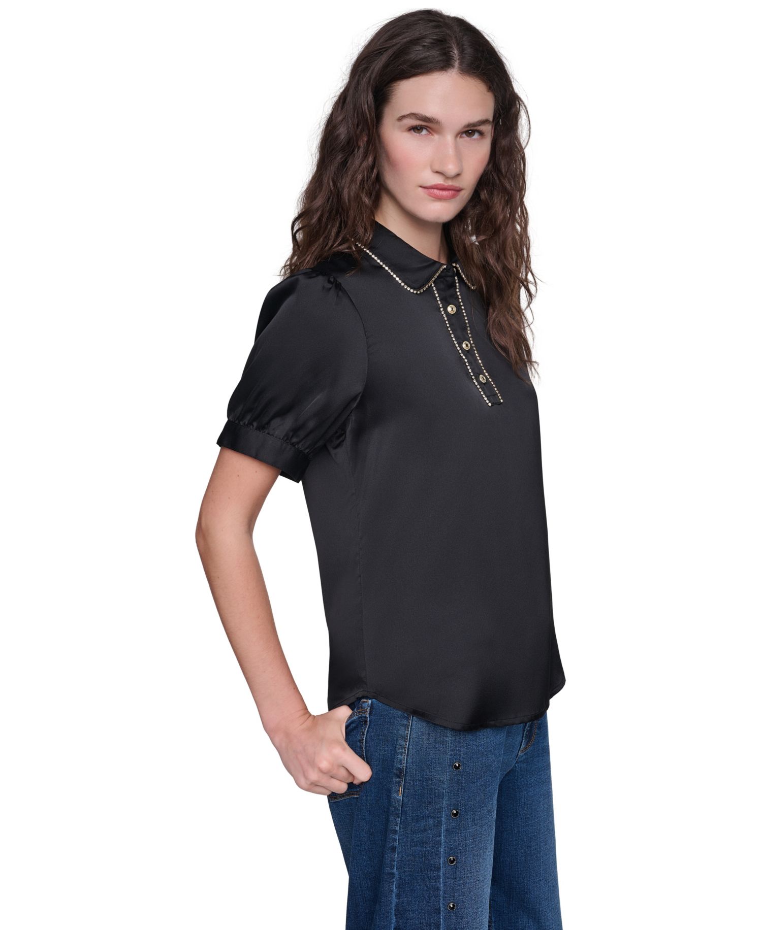Women's Short-Sleeve Satin Crystal-Embellished Collared Blouse
