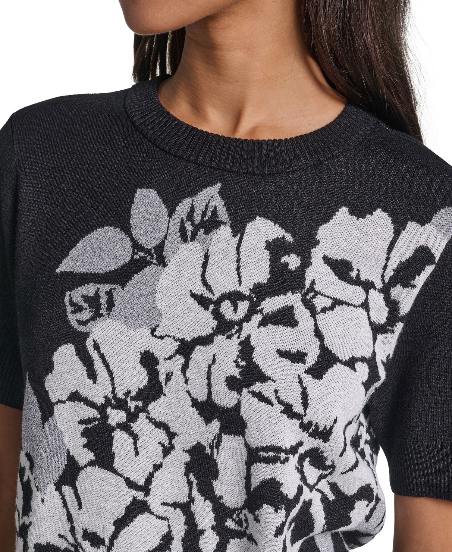 Women's Rose Crewneck Short-Sleeve Floral-Print Sweater