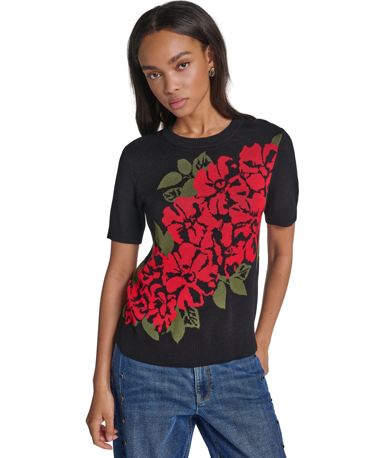 Karl Lagerfeld Paris Women's Short-Sleeve Crewneck Rose-Print Pullover Sweater