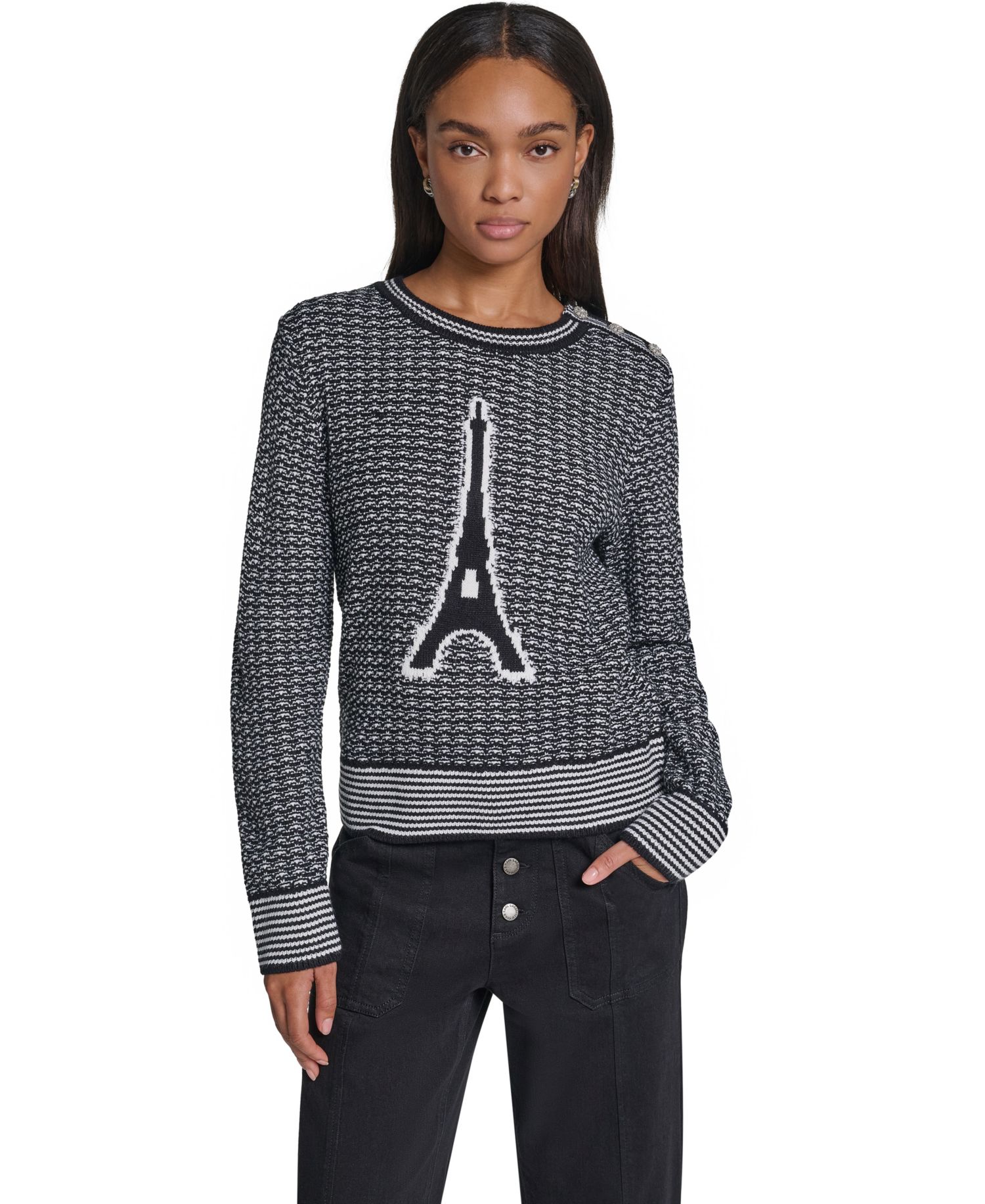 Women's Eiffel Tower-Graphic Crewneck Long-Sleeve Sweater