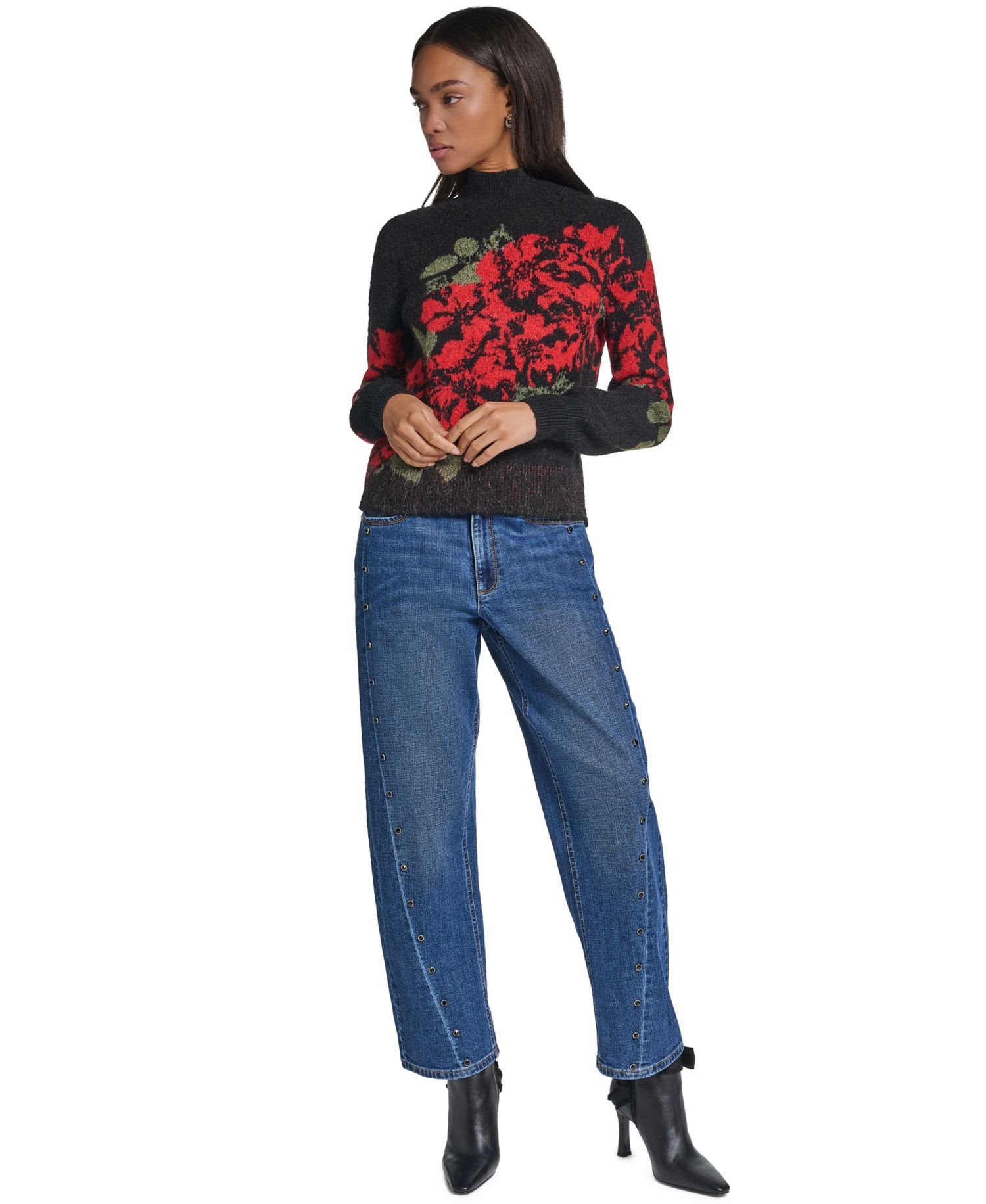Women's Rose Floral-Print Mock Neck Pullover Sweater