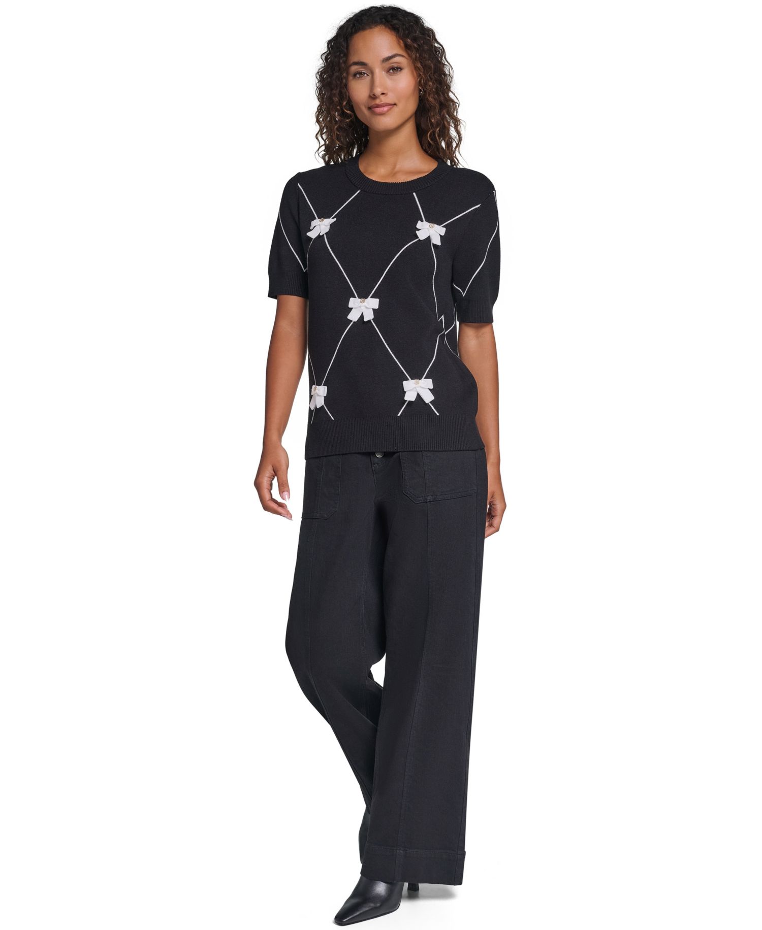 Women's Argyle 3D Bow Short-Sleeve Crewneck Sweater