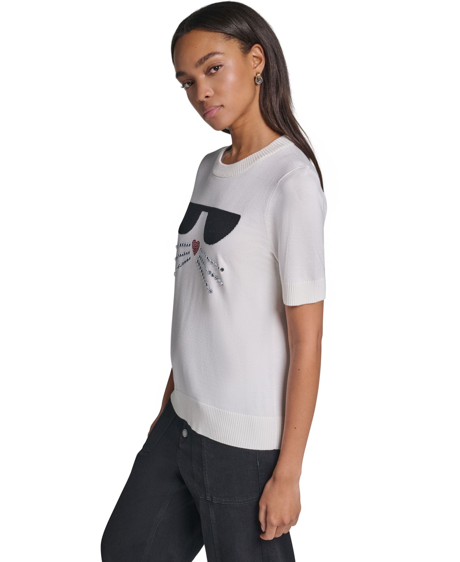 Women's Choupette Crewneck Short-Sleeve Rhinestone Graphic Sweater
