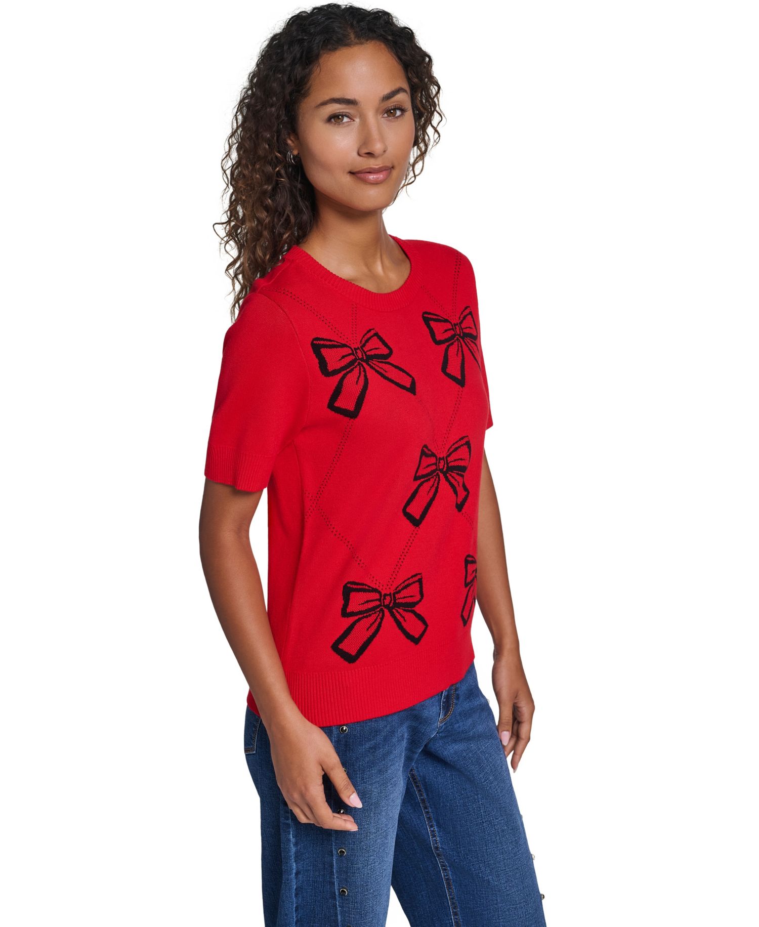 Women's Argyle 3D Bow Short-Sleeve Pullover Sweater