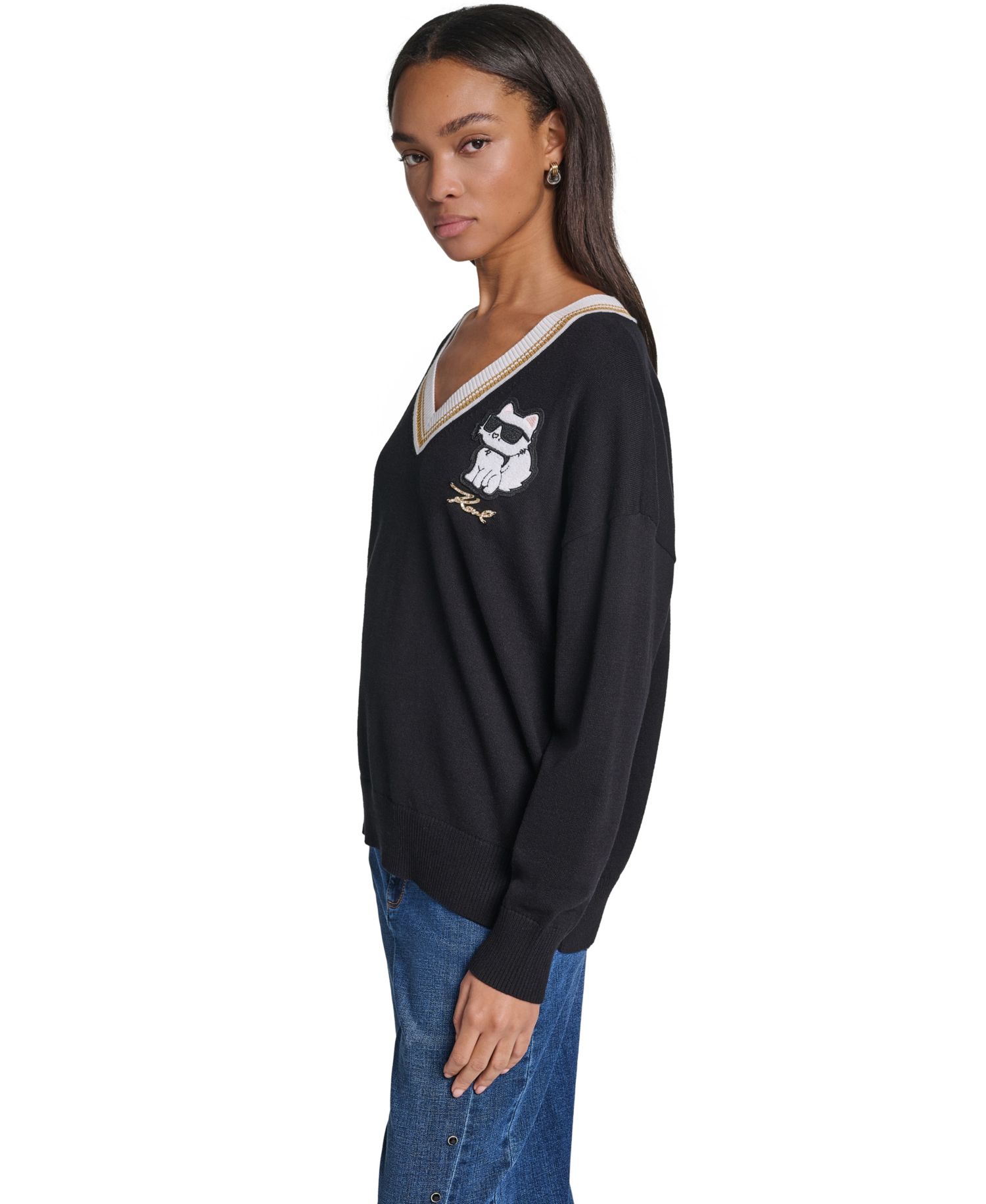 Women's Karl Patches Long-Sleeve Graphic-Patch V-Neck Sweater