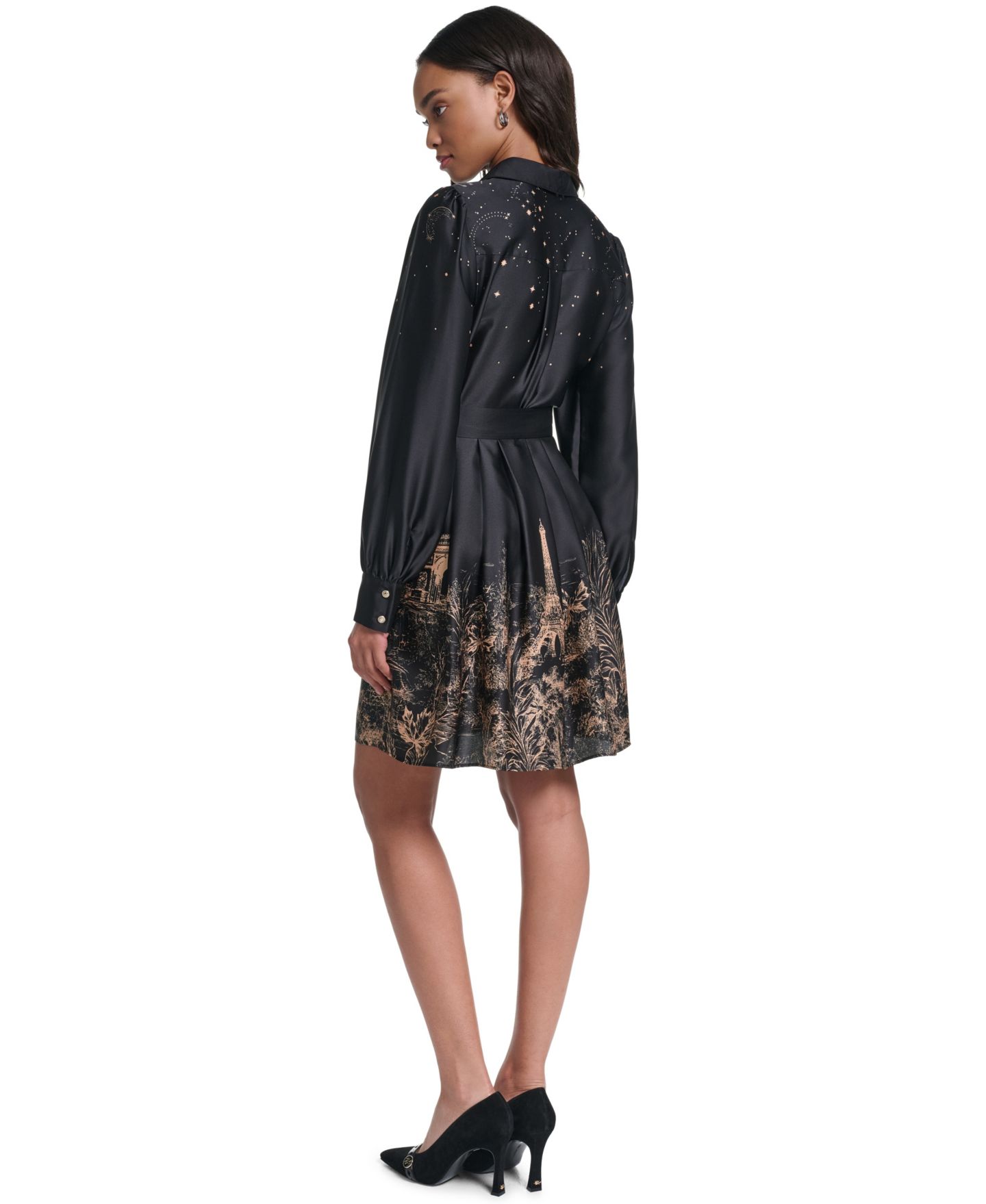 Женское платье Karl Lagerfeld Paris Placed-Print Satin Long-Sleeve, цвет: Чёрный / Золотой — фото 6