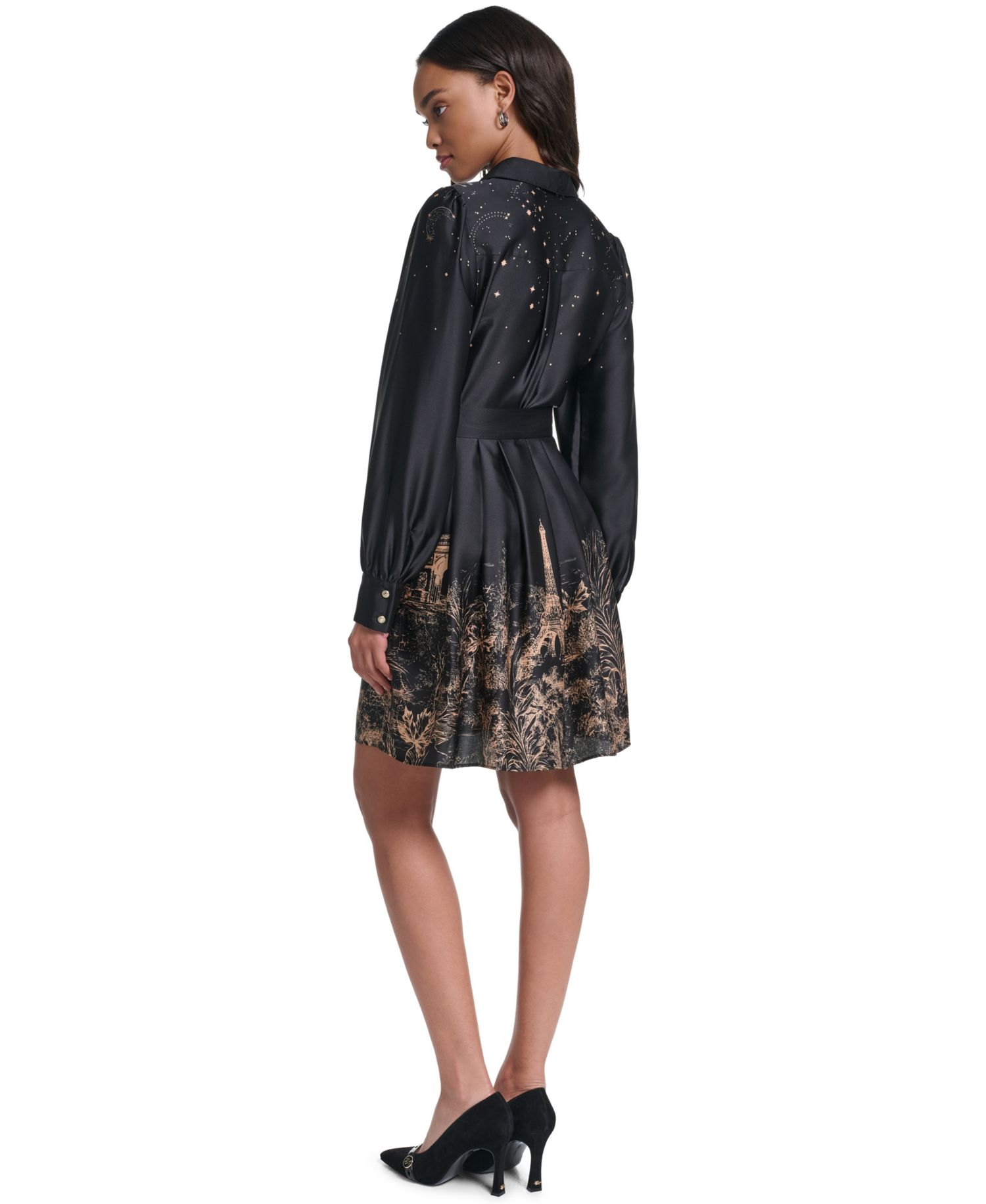 Women's Placed-Print Satin Long-Sleeve Dress