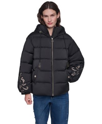 Women's Floral-Embroidered Short Hooded Puffer Jacket
