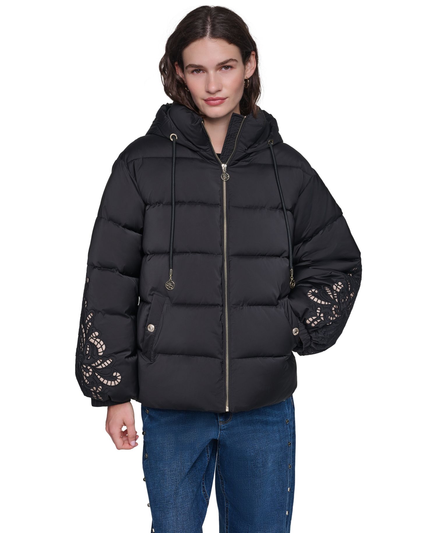Women's Floral-Embroidered Short Hooded Puffer Jacket