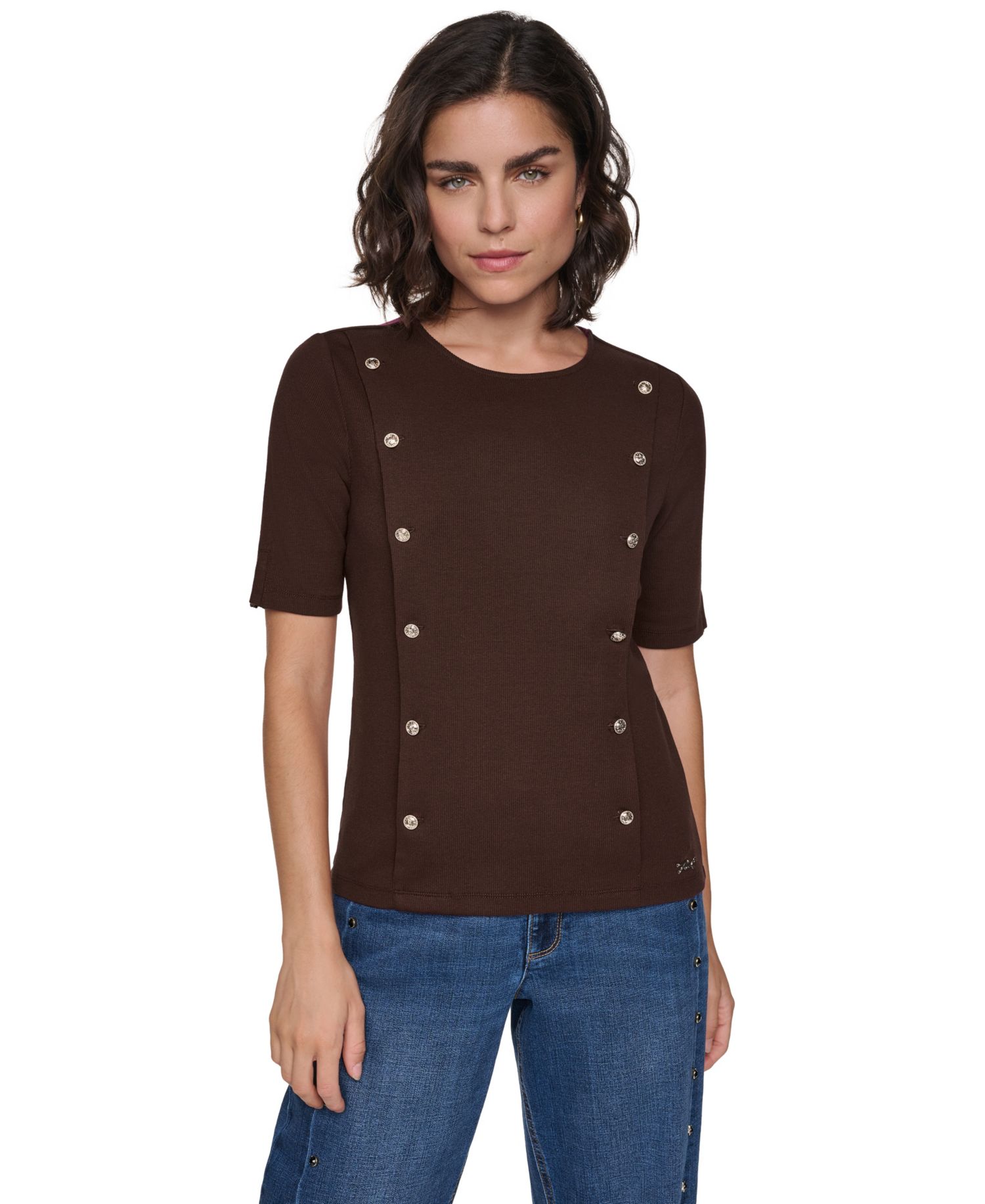 Petite Short-Sleeve Crewneck Ribbed-Knit Cotton-Blend Sweater