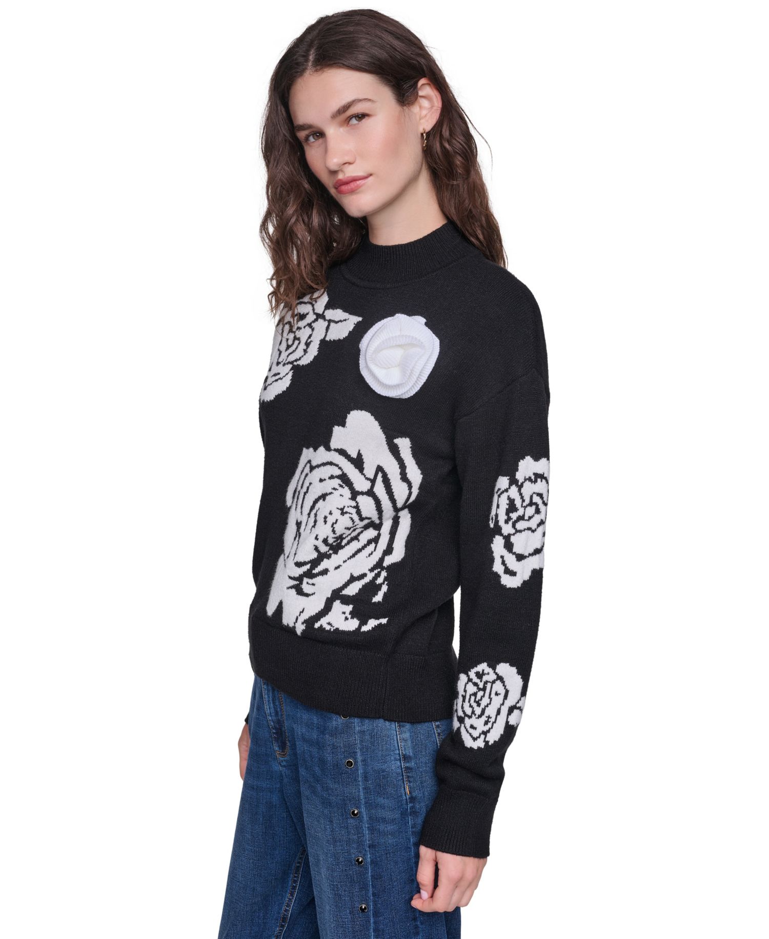 Women's Mock-Neck Long-Sleeve Floral Sweater