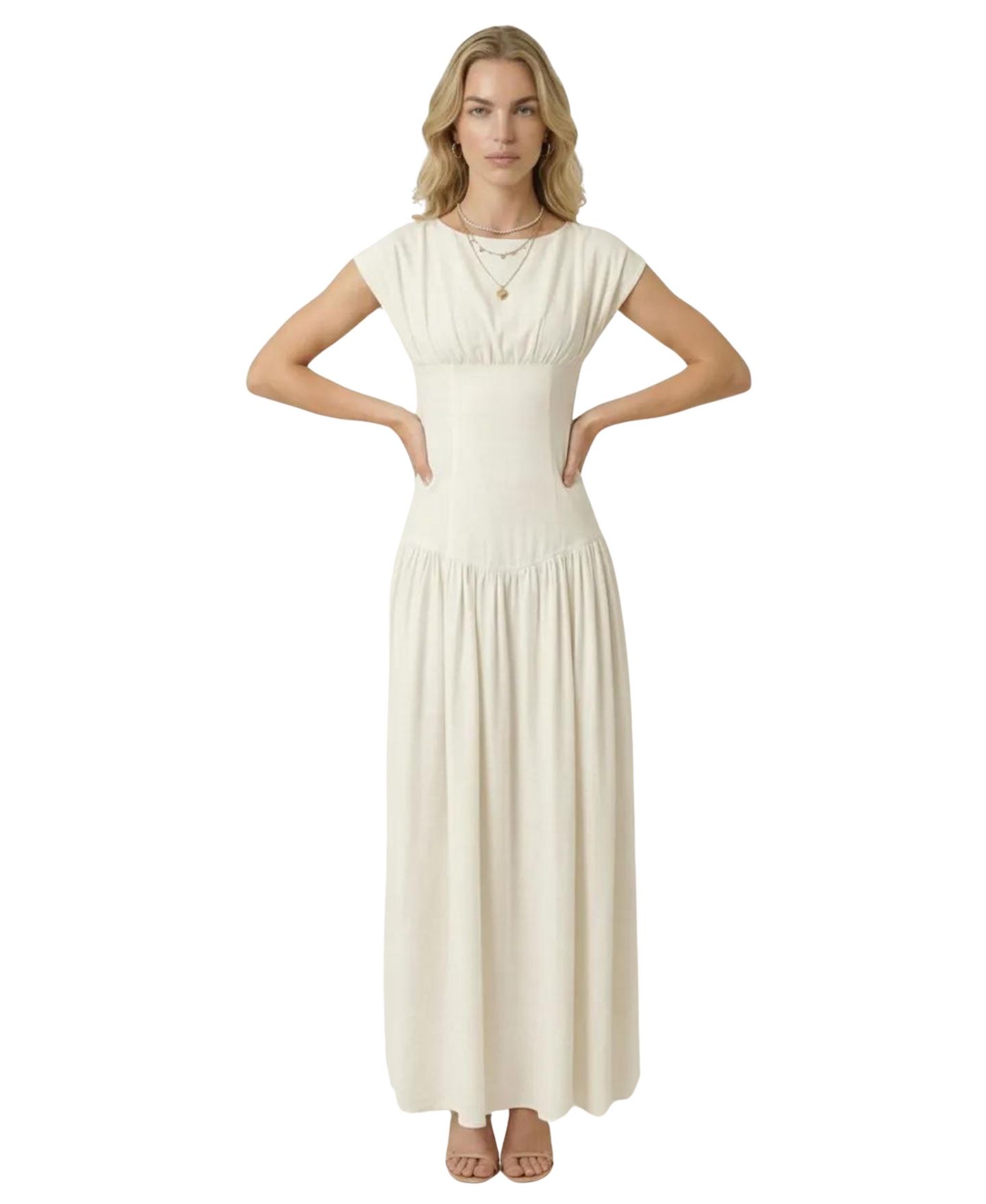 Женское платье Modenaire Cap-Sleeve Gathered Bodice Maxi, цвет: Кремовый — фото 7