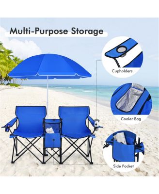 Two-Person Folding Camping Chair with Adjustable Umbrella, Cooler Bag and Carry Case