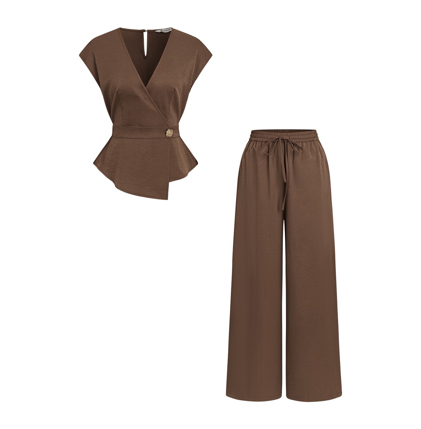 Cupshe Women's Wrap V-Neck Sleeveless Top and Wide-Leg Pants Matching Set, цвет: Коричневый — фото 6
