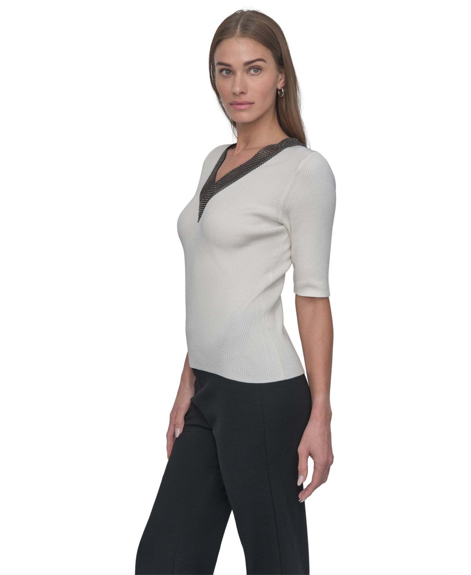 Women's Crystal V-Neck Cable-Knit Embellished Pullover Sweater