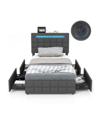Upholstered LED Bed Frame with Headboard and 4 Drawers Twin Size