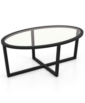 Glass Coffee Table Oval Living Room Table with Cross Base and Acacia Wood Legs