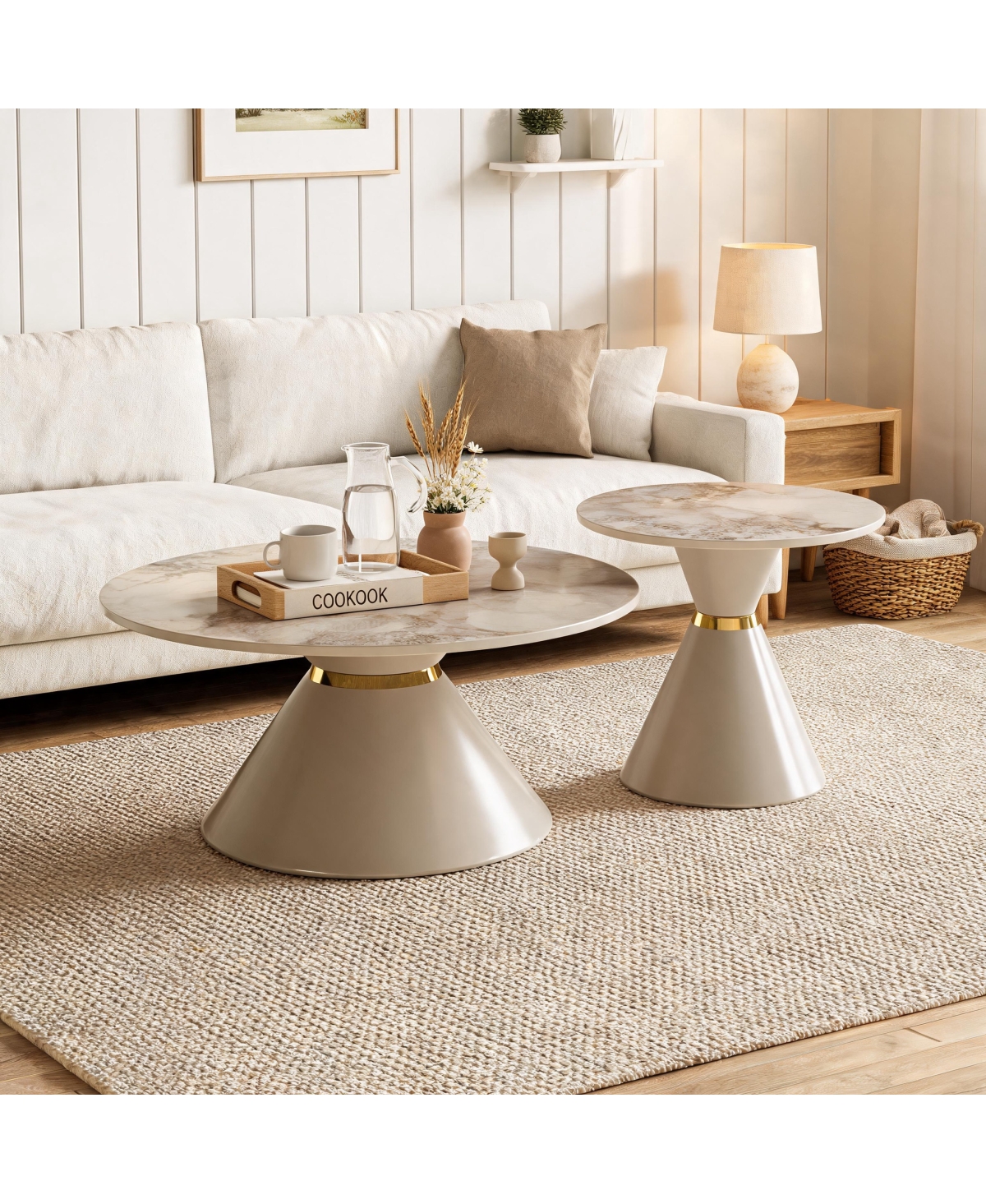 Streamdale Furniture Round Nesting Coffee Table Set of 2, Sintered Stone and Accent