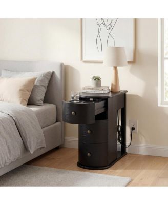  Modern End Table with Charging Station and Hidden Cup Holder Drawer