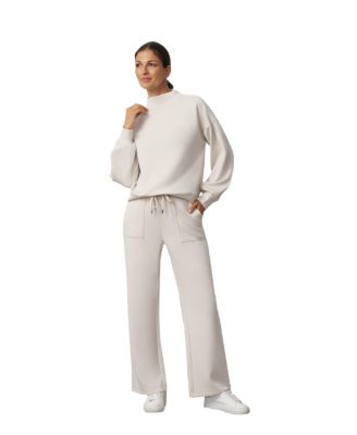 Women's Yummy Mock Neck Long-Sleeve Top and Wide-Leg Pant, 2-Piece Set