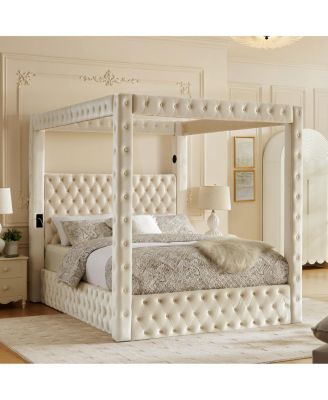 Velvet Queen Canopy Bed with Bluetooth Speaker, USB Ports and Tufted Headboard