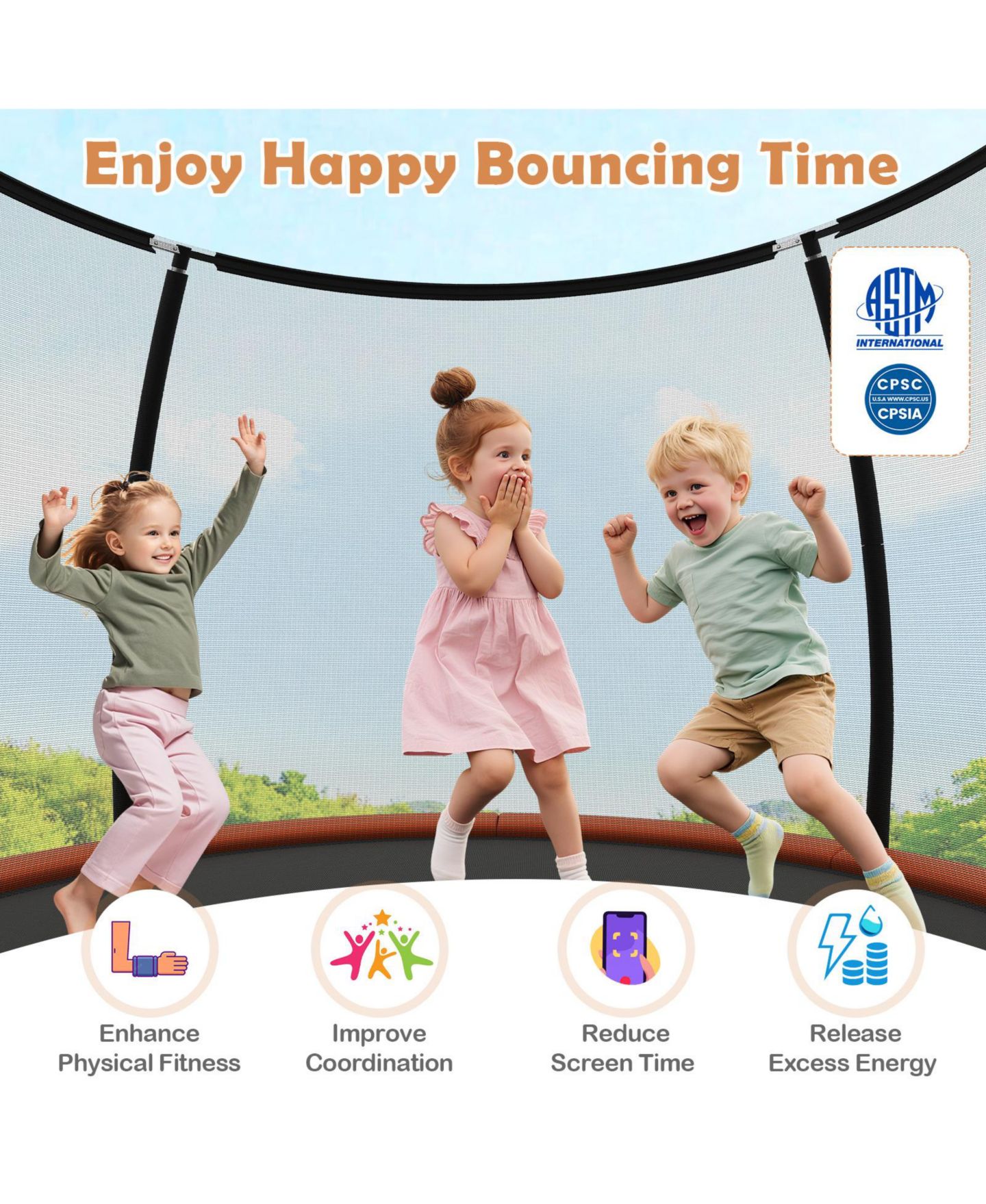Детская игрушка Mecale 10-Foot Galvanized Steel Trampoline with Safety Enclosure Net, 220-lb Capacity, Ages 3+, цвет: Оранжевый — фото 10