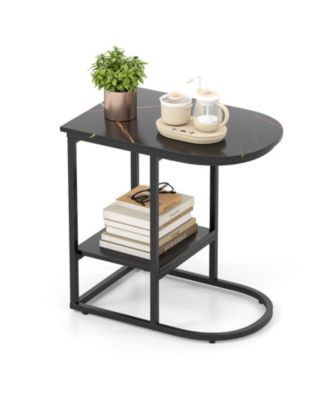 C Shaped Modern Sofa Side Table with Faux Marble Tabletop and Storage
