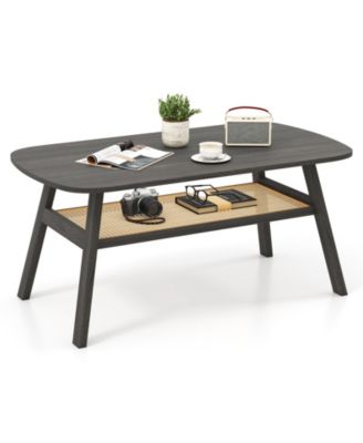 2 Tier Rectangular Center Coffee Table with Rattan Storage Shelf and Rubber Wood Legs