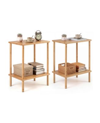 Side Table Set of 2 2 Tier Bamboo End Table with Storage Shelves Rectangular Tea Sofa Table