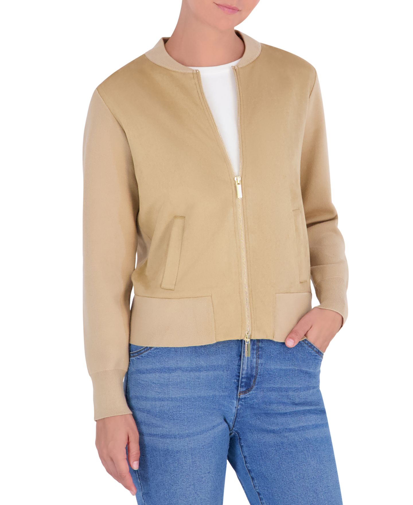 Женская куртка Jones New York Petite Textured Zip-Up Bomber, цвет: Натуральный верблюжий клетчатый — фото 2