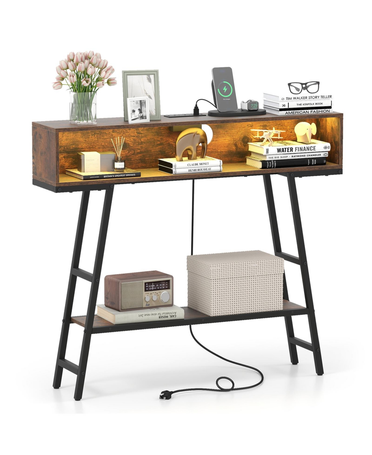 Mecale 40 Inch Console Table with Charging Station and Led - Rustic brown