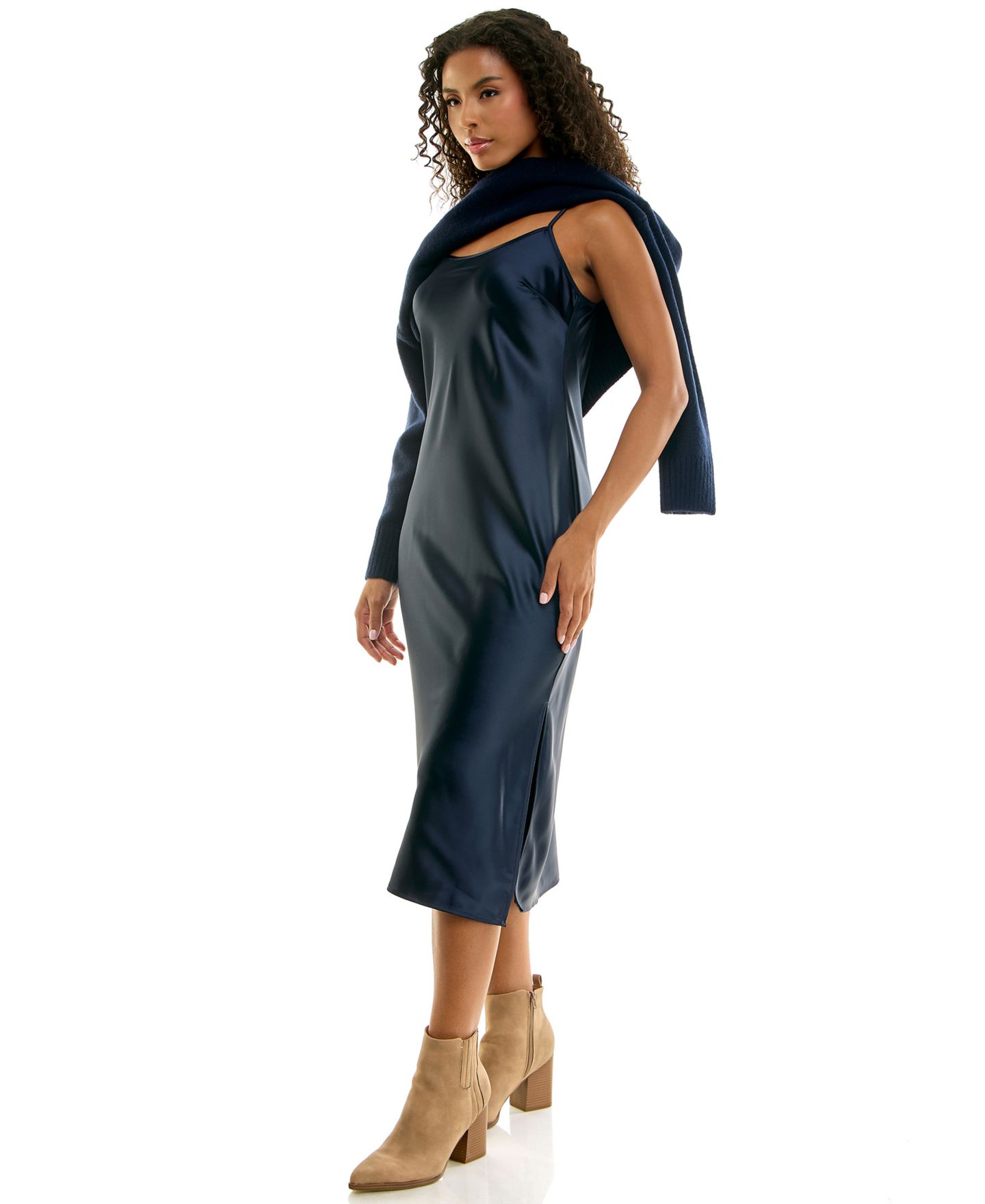 INVITEE Juniors' 2-Piece Satin Midi Slip & Pullover Sweater Set, цвет: Тёмно-синий — фото 5