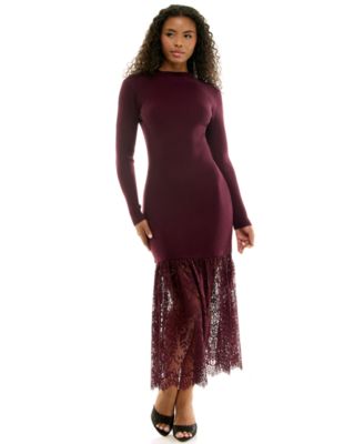 Juniors' Long-Sleeve Mock-Neck Lace-Trim Midi Sweater Dress