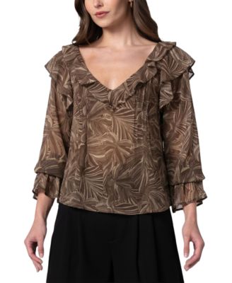 Women's Long-Sleeve Double-Ruffle V-Neck Blouse