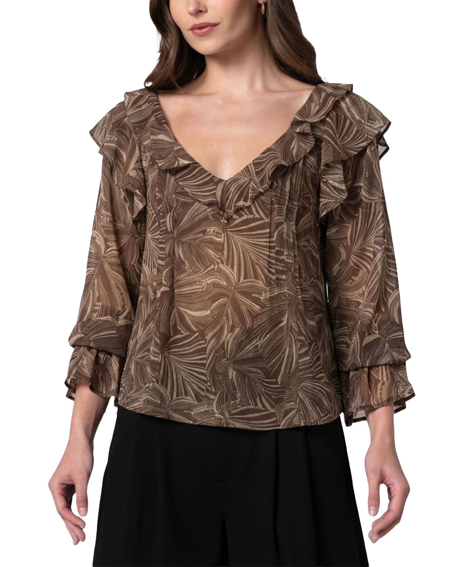 Women's Long-Sleeve Double-Ruffle V-Neck Blouse