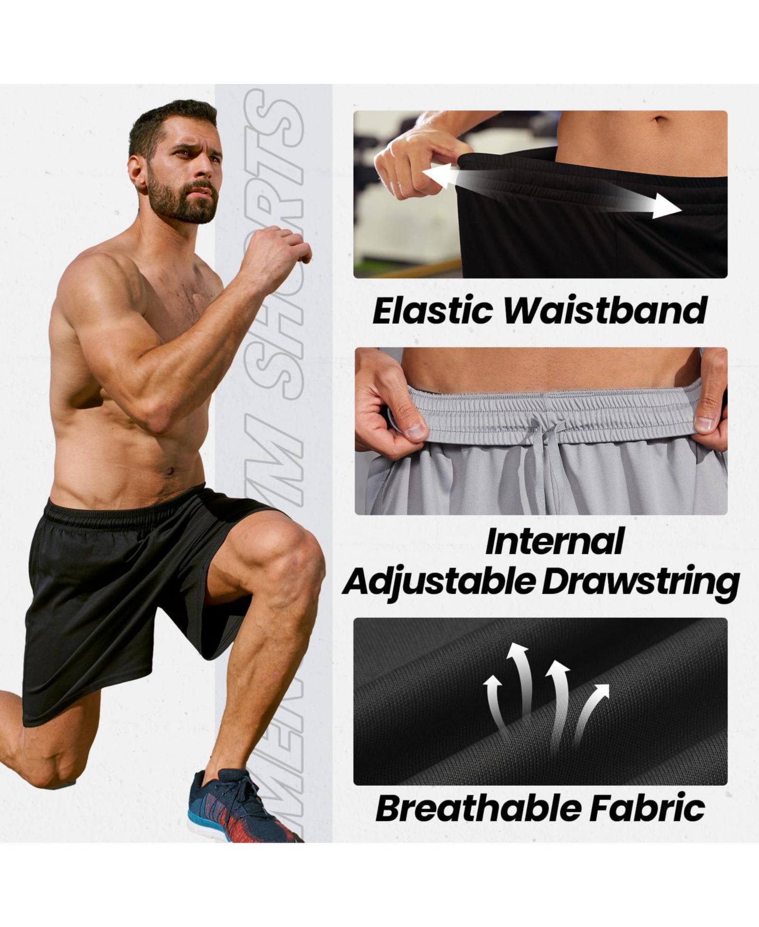Quick Dry Men's Athletic Workout Shorts With Pockets Drawstring Waist