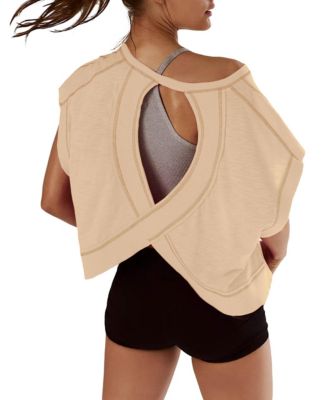 Women Short Sleeve Crop Workout Tops Open Back Athletic Gym Yoga Tees