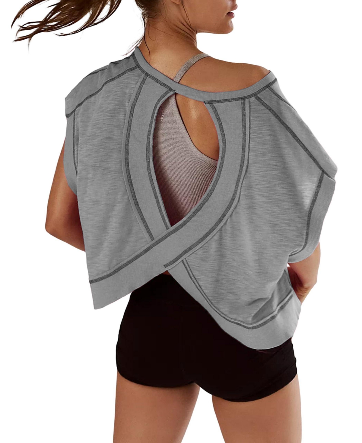 Peneyon Women Short Sleeve Crop Workout Tops Open Back Athletic Gym Yoga Tees - Grey small