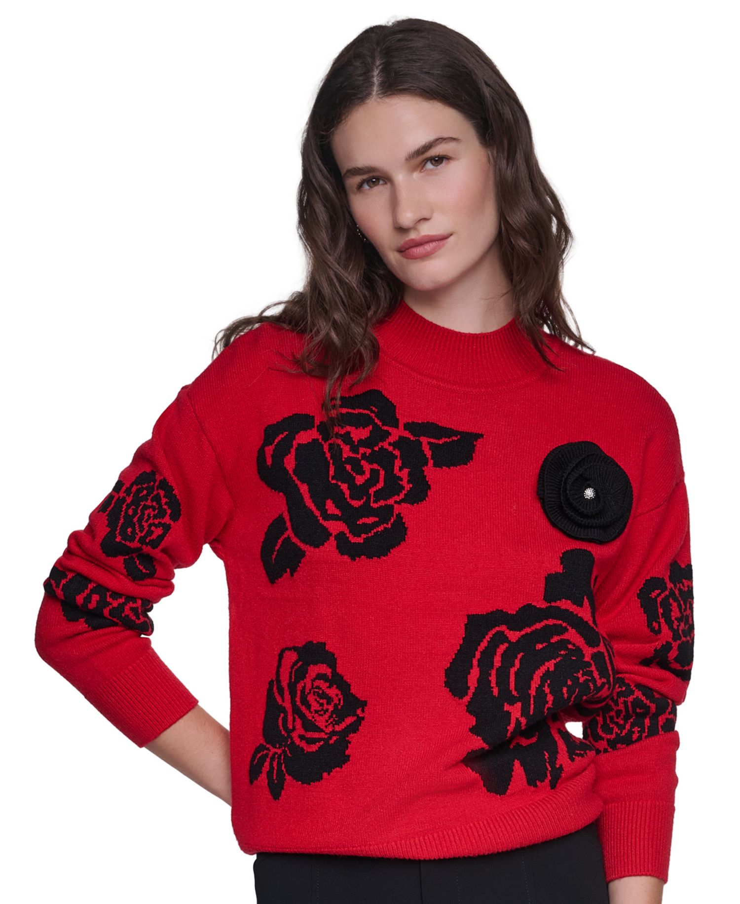 Women's Mock-Neck Long-Sleeve Floral Sweater