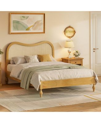 Mid-Century Modern Queen Rattan Cane Platform Bed Frame
