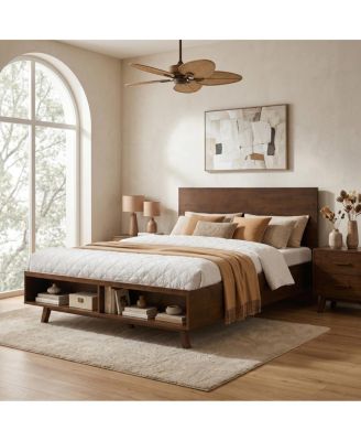 Streamdale Walnut Queen Platform Bed Frame with Footboard Storage and Solid Wood Construction