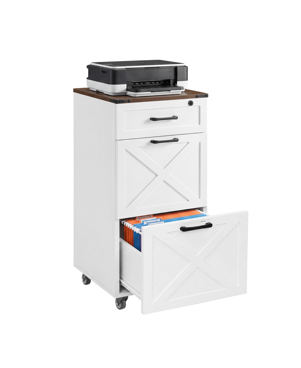 Streamdale Furniture Rustic 3-Drawer Rolling File Cabinet and Printer Stand - White